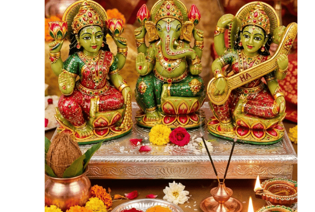 Ganesh Lakshami Saraswati Green Aventurine Stone Idol